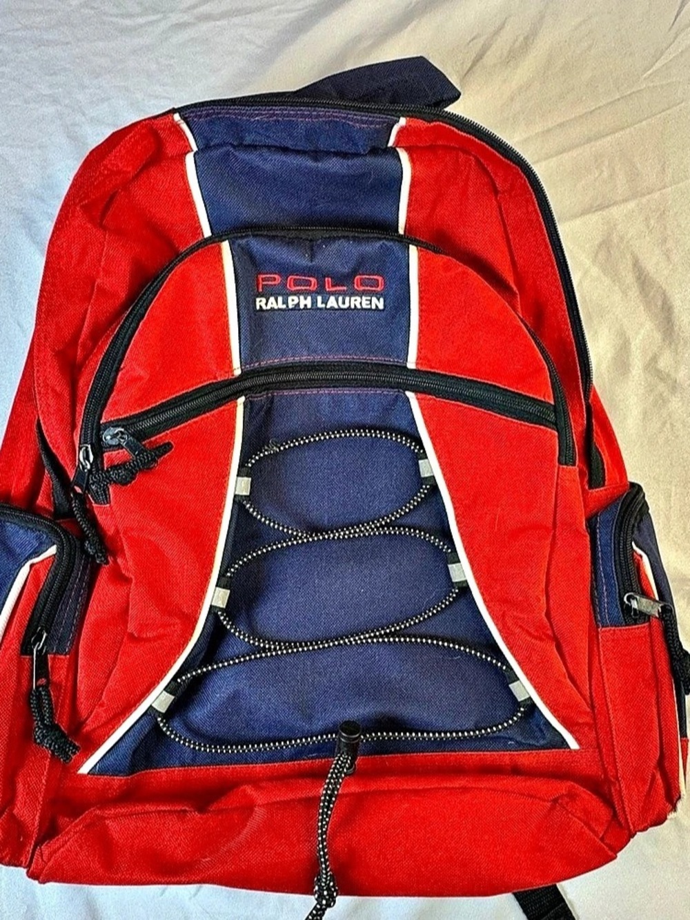 VTG Polo Ralph Lauren Technical Bungee Backpack Navy Red Spell Out Y2K Tech Gorp